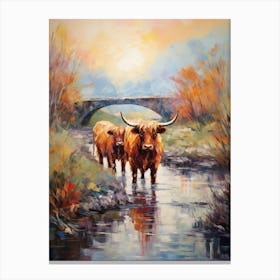 Two Highland Cows Walking Down The River Canvas Print