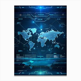 Futuristic Blue Digital Interface With World Map Canvas Print