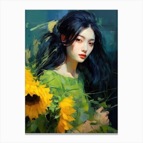 Asian Girl With Sunflowers Canvas Print