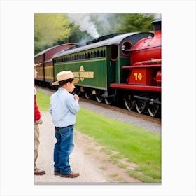 Two Boys Looking At A Train Canvas Print