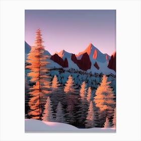 Red Sunset Snowy Mountains Oil Painting Morning Skiing Resort Canvas Print