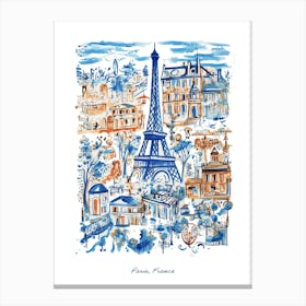 France Paris Eiffel Tower Illustration Line Art Travel Blue Canvas Print