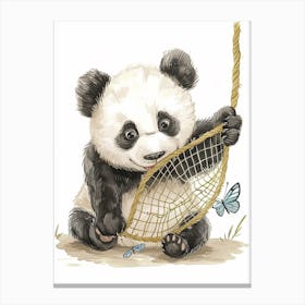 Giant Panda Cub Playing With A Butterfly Net Storybook Illustration 2 Canvas Print