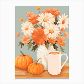 Pitcher With Sunflowers, Atumn Fall Daisies And Pumpkin Latte Cute Illustration 3 Canvas Print