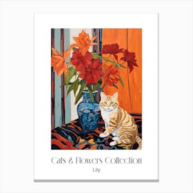 Cats & Flowers Collection Lily Flower Vase And A Cat, A Painting In The Style Of Matisse 3 Canvas Print