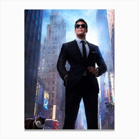 Businessman Wearing Sleek Sunglasses Sporting A Sharp Tailored Suit Standing Confidently In A Bus (2) Canvas Print