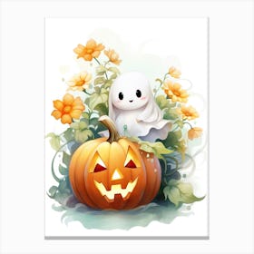 Cute Ghost With Pumpkins Halloween Watercolour 104 Canvas Print