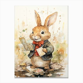 Bunny Collecting Stamps Luck Rabbit Prints Watercolour 1 Canvas Print
