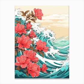 Great Wave With Rhododendron Flower Drawing In The Style Of Ukiyo E 3 Canvas Print