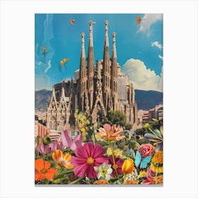 Barcelona   Floral Retro Collage Style 3 Canvas Print