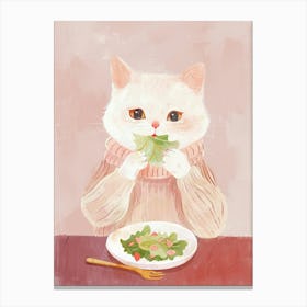White Tan Cat Eating Salad Folk Illustration 1 Canvas Print