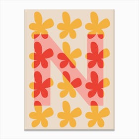 Alphabet Flower Letter N Print - Pink, Yellow, Red Canvas Print