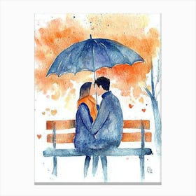 Happy Couple Lover Kissing Under The Umbrella Canvas Print