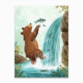 Brown Bear Catching Fish In A Waterfall Storybook Illustration 4 Canvas Print