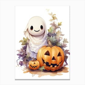 Cute Ghost With Pumpkins Halloween Watercolour 73 Canvas Print