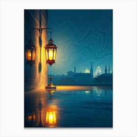 Mystical Lantern and City At Night Canvas Print