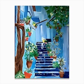 Blue House With Potted Plants Canvas Print