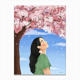 Serene Woman Standing Under Sakura Tree With Eyes Closed Canvas Print