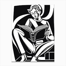 Reading A Book Linocut Black And White Painting, 319 Canvas Print