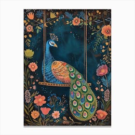 Folky Floral Peacock At Night On A Wooden Swing Canvas Print