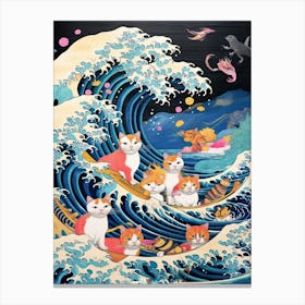 The Great Wave Off Kanagawa Ginger Cats Kitsch Canvas Print
