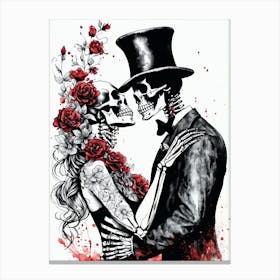 Floral Abstract Kissing Skeleton Lovers Ink Painting (12) Canvas Print