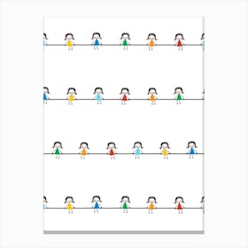 Rainbow Doodle Girls Stick Figures on Horizontal Lines Canvas Print