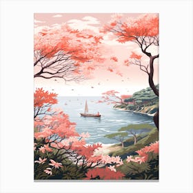 An Illustration In Pink Tones Of A Boat And Trees Overlooking The Ocean 2 Canvas Print