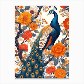 Peacock Vintage Wallpaper Style With Orange Flowers Canvas Print
