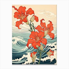 Great Wave With Amaryllis Flower Drawing In The Style Of Ukiyo E 2 Canvas Print