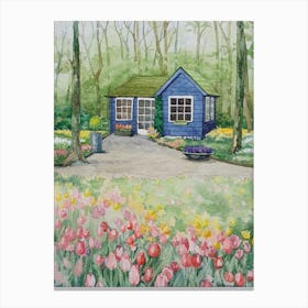 Watercolor Landscape House In Tulips Canvas Print