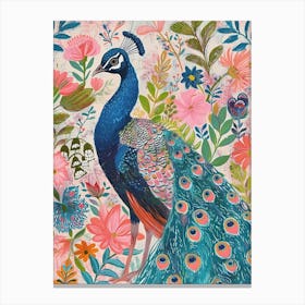 Folky Floral Peacock With The Plants 1 Canvas Print