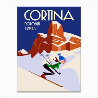 Cortina Dolomiti Ski Poster White & Navy Canvas Print