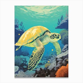 Sea Turtle In The Ocean Linograph Illustration 5 Canvas Print