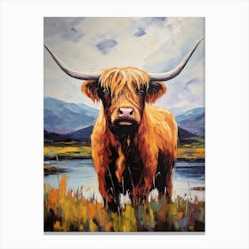 Impressionism Style Painting Of Highland Cow By The Lake 2 Canvas Print