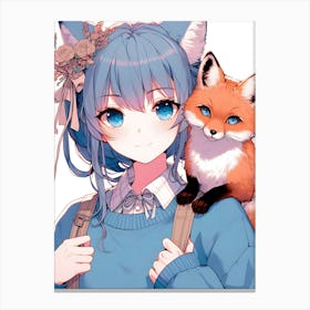 Pretty Anime Girl with Fox 16 Canvas Print