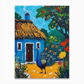 Peacock By A Thatched Cottage Textured Painting 1 Canvas Print