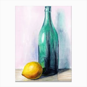 Lemon And A Green Bottle kitchen art still life hand painted painting watercolor yellow calm soothing  Canvas Print