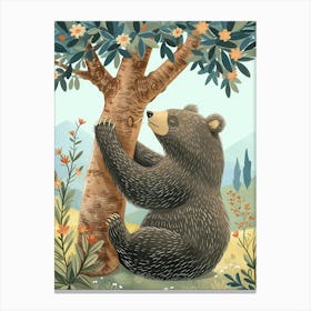 Sloth Bear Scratching Its Back Against A Tree Storybook Illustration 1 Canvas Print
