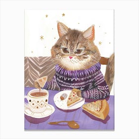 Brown Cat Having Breakfast Folk Illustration 2 Canvas Print