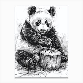 Giant Panda Cub Playing With A Beehive Ink Illustration 4 Canvas Print