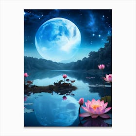 Lotus Pond With Moon Canvas Print