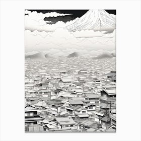 Tokyo In Japan, Ukiyo E Black And White Line Art Drawing 3 Canvas Print