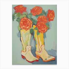 Painting Of Roses Flowers And Cowboy Boots, Oil Style 5 Canvas Print
