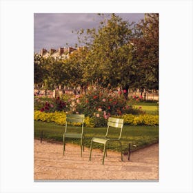 Two Chairs So Many Flowers Sunset At Tuileries Garden Canvas Print