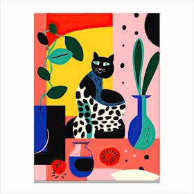 Black Cat And A Vase Of Flowers Fauvist Style Canvas Print