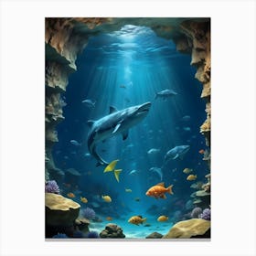 Underwater Cave With Sharks And Fishes Canvas Print