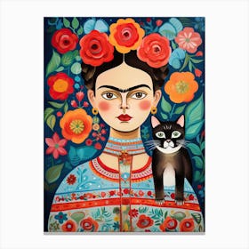 Frida Kahlo With One Cat Mexican Painting Botanical Floral Canvas Print
