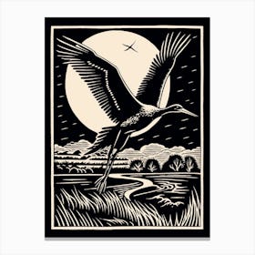 B&W Bird Linocut Stork 4 Canvas Print