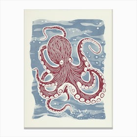 Red & Chalk Blue Linocut Inspired Octopus Canvas Print